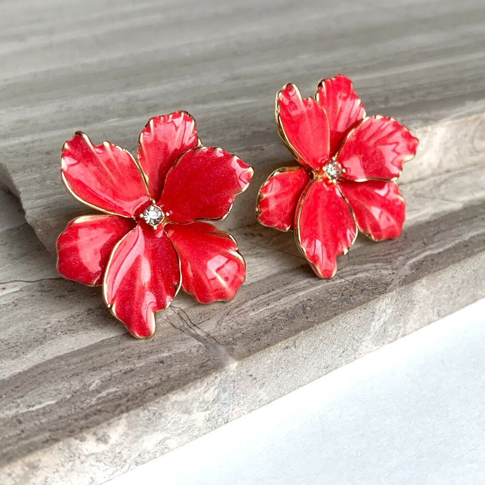 NEW ~ Anthropologie Red Enamel Flower Earrings